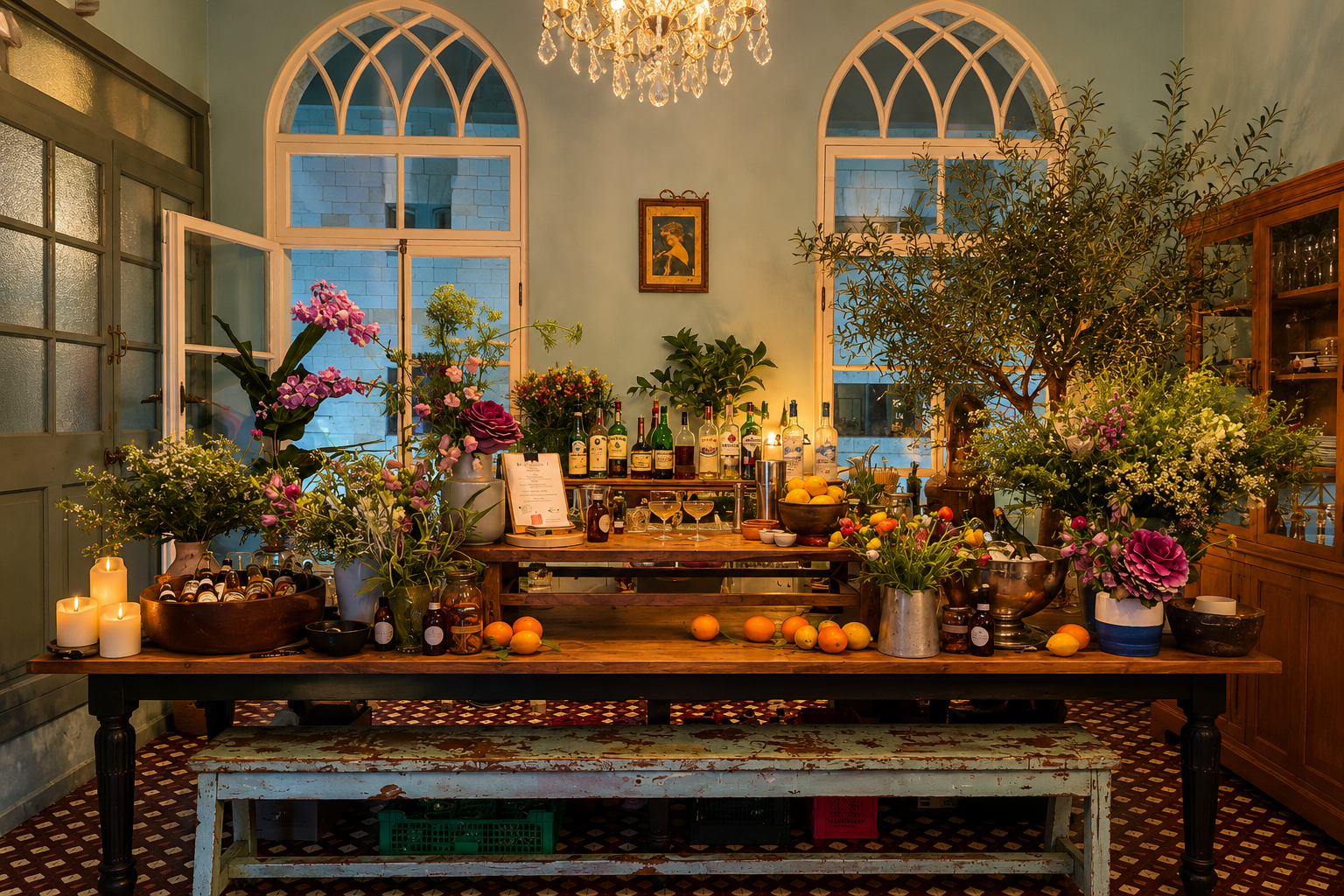 An elegant indoor cocktail bar setup with fresh flowers, citrus fruit, premium spirit bottles, candles, and a chandelier
